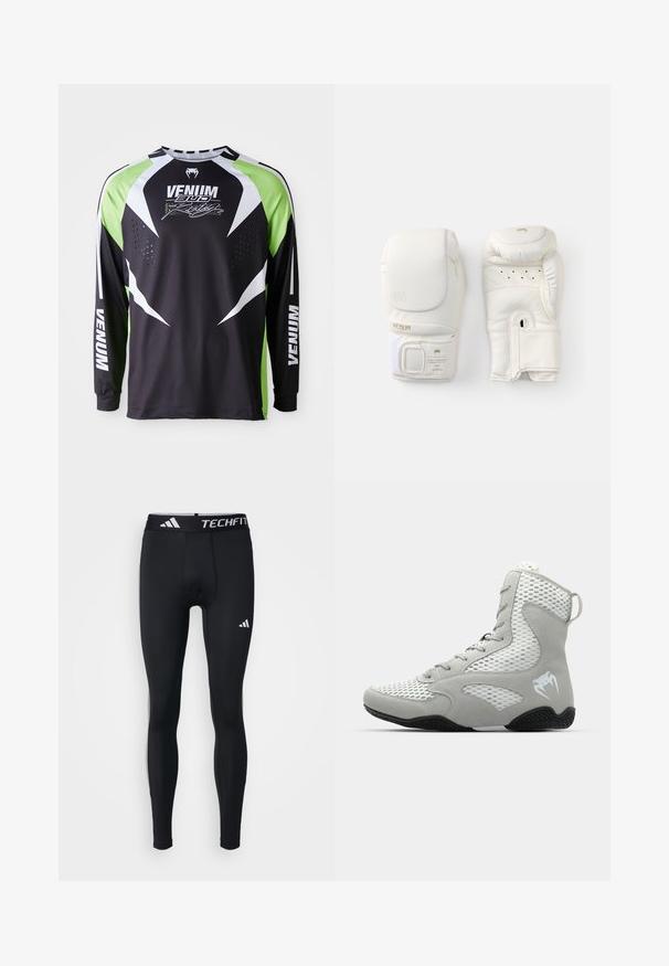 T-shirt de sport à manches longues noir, blanc et vert fluo avec le logo "Venum" et un motif de serpent, ainsi qu'une ventilation perforée sur la zone du torse avant.; Collants de sport noirs, design ajusté, fabriqués en matériau lisse et extensible. Dotés d'une taille avec le logo "TECHFIT" et des accents blancs.; Baskets hautes grises avec panneaux en maille, suède texturé, bout arrondi et semelle en caoutchouc ; arbore un logo blanc sur le côté.; Gants de boxe blancs en cuir synthétique texturé, avec des accents dorés, une bande Velcro et des trous de ventilation sur la paume.