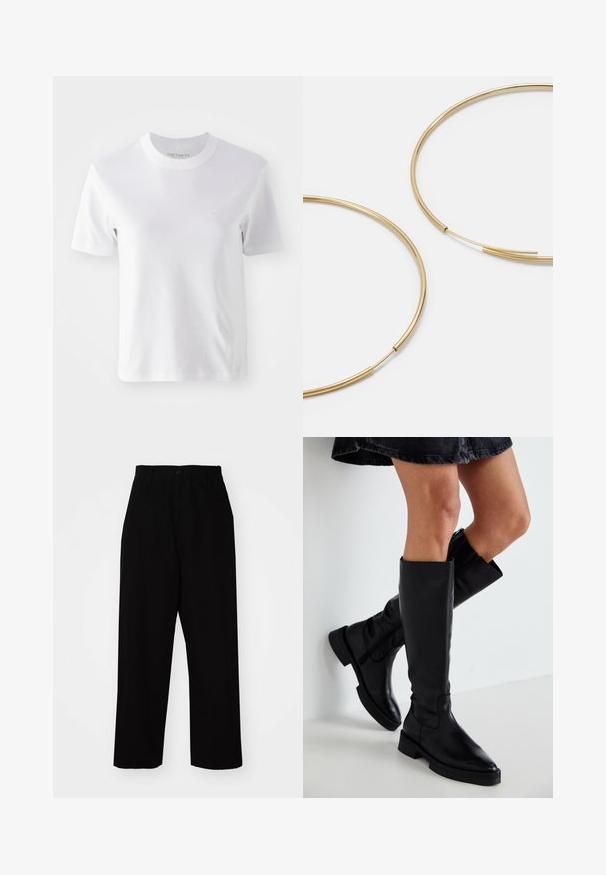 Valkoinen puuvillainen lyhythihainen t-paita, jossa on pyöreä pääntie ja pieni brodeerattu logo rinnassa, sileä pinta ja yksinkertainen muotoilu.; Mustat housut, jotka on valmistettu kestävästä puuvillakankaasta. Ominaisuuksia ovat suora lahjetyyli, vyölenkit, nappisuljenta ja siisti helma.; Mustat nahkaisen polvipituiset saappaat, joissa on terävä kärki, litteä pohja ja vähäisiä ompeleita. Tasainen pinta ja yksinkertainen muotoilu ilman koristeita.; Kultaiset rengaskorvakorut, ohuet ja pyöreät, joissa on sileä metallipinta ilman koristeluja tai kuvioita.