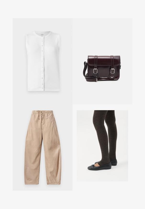 Baltas be rankovių viršus, pagamintas iš raštuoto audinio, su apvaliomis iškirptėmis ir mygtukų užsegimu priekyje, su skaidriais mygtukais.; Bežinės medvilninės plačios kelnės su elastinga juosta ir raišteliu, turinčios šonines kišenes ir lygų, lengvą tekstūrą.; Juodos plokščios bateliai su maža kaspinėlio detale prie pirštų, derinami su tamsiai rudos spalvos raukšlėtomis pėdkelnėmis. Bateliai turi lygų paviršių ir žemą profilį.; Bordo lakinės odos krepšys per petį, stačiakampio formos, su dviem diržais, sidabrinėmis detalėmis ir užtraukiama kiautu.