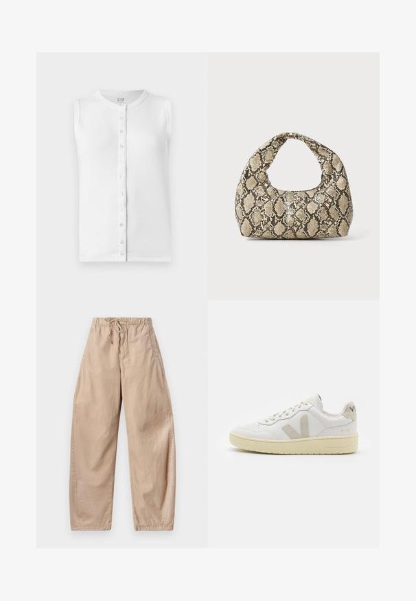 Bela brezrokavni top iz rebraste tkanine, z okroglo ovratnico in sprednjim delom z gumbi, ki jih je mogoče odpeti, s prozornimi gumbi.; Bež hlače širokih nogavic iz bombaža z elastičnim pasom in vrvico, ki imajo stranske žepe ter gladko, lahko teksturo.; Bela usnjena tenisača z bež semiš poudarki, perforiranim prednjim delom, ravnimi vezalkami in strukturiranim kremnim podplatom. Ima diskretno blagovno znamko na peti.; Torba z vzorom kače s ukrivljenim ročajem. Narejena iz teksturiranih, bež in rjavih materialov, ki imajo značilen diamante vzorec.