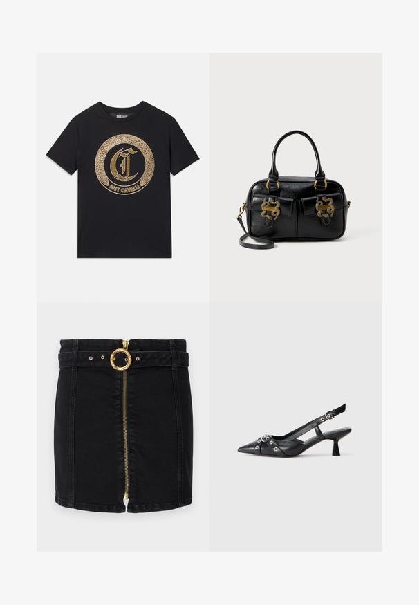 Čierne tričko s okrúhlym zlatým grafickým dizajnom so štýlovým písmenom "C" a textom "JUST CAVALLI". Krátke rukávy, okrúhly výstrih, bavlnený materiál.; Čierna denimová sukňa so zlatou kruhovou prackou na opasok, predným zipsom a pútkami na opasok. Má priliehavý strih a rovný lem.; Čierne kožené slingback topánky s špicatou špičkou, ozdobnými popruhmi s kovovými očkami a nízkym blokovým podpätkom. Textúrovaný povrch.; Čierna kožená kabelka s textúrovaným povrchom, vybavená dvojitými hornými uchami, dvoma prednými vreckami a zlatými kovovými akcentmi. Obsahuje odnímateľný ramenný popruh.