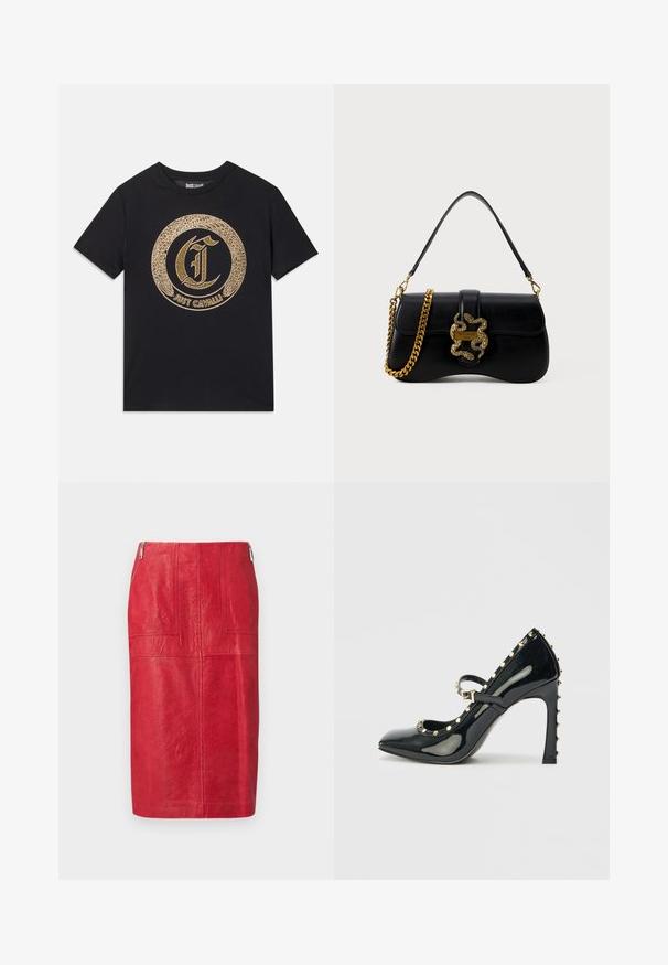 Čierne tričko s okrúhlym zlatým grafickým dizajnom so štýlovým písmenom "C" a textom "JUST CAVALLI". Krátke rukávy, okrúhly výstrih, bavlnený materiál.; Červená kožená midi sukňa s hladkou textúrou, so rovný strihom, dvoma prednými vreckami a bočným zipsom.; Čierna lakovaná vysoká topánka na podpätku s špicatou špičkou, remienkom okolo členka a zlatými hrotmi pozdĺž okrajov.; Čierna kožená kabelka s zakriveným tvarom, zlatým hadím akcentom a reťazovým ramienkom. Obsahuje klopňové zapínanie s kovovou logovou platňou.