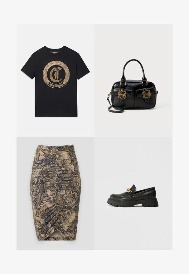 Svart t-skjorte med et sirkulært gullgrafisk design med stilisert "C" og "JUST CAVALLI" tekst. Korte ermer, rund hals, laget av bomull.; Pencilskjørt med slangeskinnmønster i beige, brune og svarte nyanser. Har rynker på sidene og en slitt i kanten. Glatt tekstur.; Svart lær loafers med en tykk, teksturert gummisåle. Har en gullkjede-accent over vampen og en rund tådesign.; Svart teksturert lærveske med doble topphåndtak, to frontlommer og gullhardware. Har en avtakbar skulderstropp.