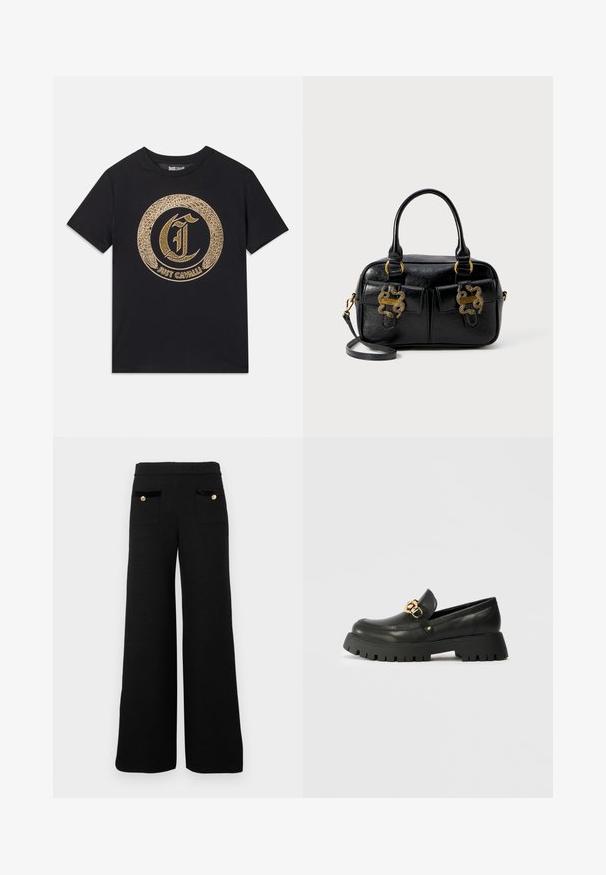 Melnas T-krekls ar apļveida zelta grafisko dizainu, kurā redzams stilizēts "C" un uzraksts "JUST CAVALLI". Īsas piedurknes, apaļa kakla forma, kokvilnas materiāls.; Melni plaša kāju bikses, izgatavotas no strukturētas auduma, ar divām priekšējām kabatām melna samta akcentos un zelta pogu detaļām.; Melna ādas loafera kurpe ar biezu, teksturētu gumijas zoli. Ar zelta ķēdes akcentu pār zoli un noapaļotu purngali.; Melna faktūras ādas rokassoma ar divām augšējām rokturiem, divām priekšējām kabatām un zelta aparatūras akcentiem. Iekļauj noņemamu plecu siksnu.