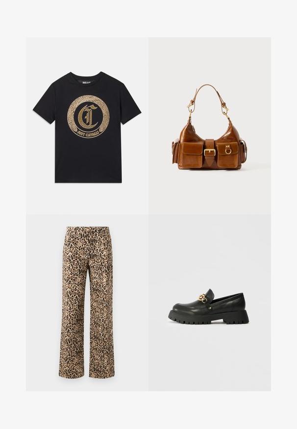 Fekete póló, kerek arany grafikai mintával, stilizált "C" betűvel és "JUST CAVALLI" felirattal. Rövid ujjú, kerek nyakú, pamut anyag.; Beige és fekete leopárdmintás, bőszárú nadrágok. Pamut keverékből készült, sima textúrájú anyag, magas derékkal és látható fémrészletek nélkül.; Fekete bőr mokaszin vastag, texturált gumitalppal. Arany színű láncos díszítéssel rendelkezik a lábfej fölött, és kerek orrú kialakítással rendelkezik.; Barna bőrtáska ívelt formával, dupla aranyszínű fémhardverrel, két elülső zsebbel és széles pánttal. Simán textúra elegáns kivitelben.