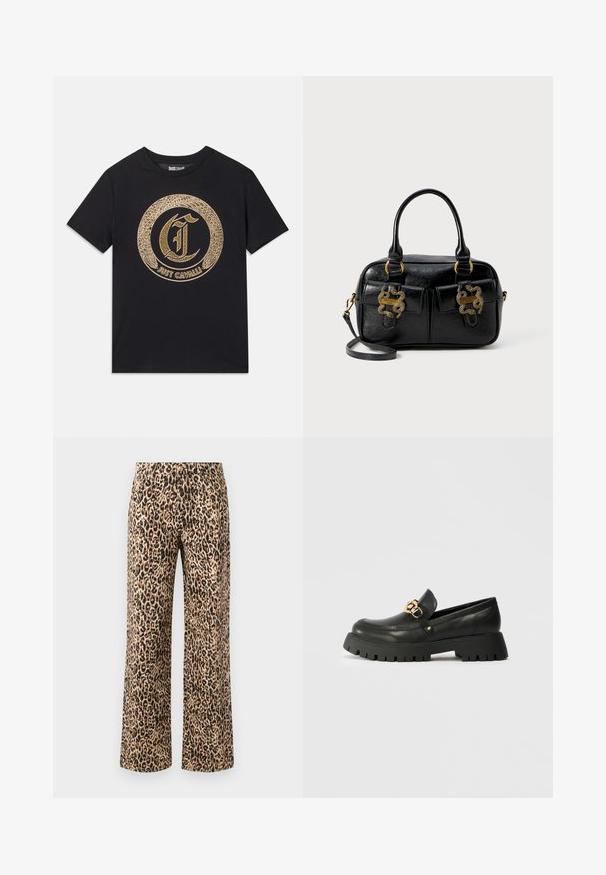 Svart t-skjorte med et sirkulært gullgrafisk design med stilisert "C" og "JUST CAVALLI" tekst. Korte ermer, rund hals, laget av bomull.; Bjørneskrift breie bukser i beige og svart. Stoff i bomullsblanding med glatt tekstur, med høy midje-design og uten synlige detaljer.; Svart lær loafers med en tykk, teksturert gummisåle. Har en gullkjede-accent over vampen og en rund tådesign.; Svart teksturert lærveske med doble topphåndtak, to frontlommer og gullhardware. Har en avtakbar skulderstropp.