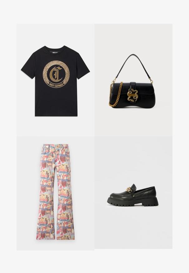 Černé tričko s kulatým zlatým grafickým designem se stylizovanými písmeny "C" a textem "JUST CAVALLI". Krátké rukávy, kulatý výstřih, bavlněný materiál.; Vybledlé džínové kalhoty s rozšířenými nohavicemi, které mají kolážový potisk s obličeji, rty a barevnými grafikami. Zapínání na knoflík a design s pěti kapsami.; Černé kožené mokasíny s tlustou, strukturovanou gumovou podešví. Vyznačují se zlatým řetězcem přes nárt a zaobleným tvarem špičky.; Černá kožená kabelka s zakřiveným tvarem, zlatým hadím akcentem a řetízkovým ramínkem. Obsahuje klopový uzávěr s kovovou destičkou s logem.