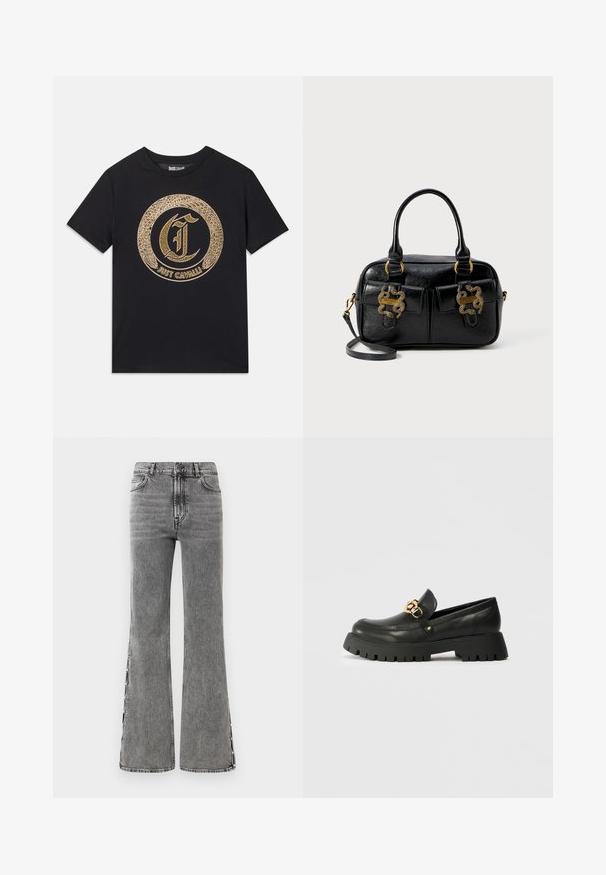 Black t-shirt featuring a circular gold graphic design with stylized "C" and "JUST CAVALLI" text. Short sleeves, crew neck, cotton material.; Flared black denim jeans with a high waist. Features visible stitching and side slit details, offering a textured look.; Black leather loafer with a thick, textured rubber sole. Features a gold chain accent across the vamp and a rounded toe design.; Black textured leather handbag with dual top handles, two front pockets, and gold hardware accents. Features a detachable shoulder strap.