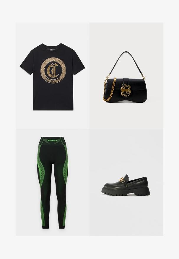T-shirt noir avec un design graphique circulaire doré featuring un "C" stylisé et le texte "JUST CAVALLI". Manches courtes, col rond, en matière coton.; MISBHV Legging (type pantalon) - black/green; Mocassin en cuir noir avec une semelle en caoutchouc épaisse et texturée. Présente un accent en chaîne dorée sur le dessus et un design à bout rond.; Sac à main en cuir noir avec une forme courbée, accent serpent doré et bandoulière chaîne. Comprend un fermoir à rabat avec une plaque logo métallique.