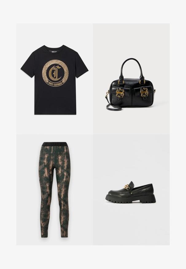 Svart t-skjorte med et sirkulært gullgrafisk design med stilisert "C" og "JUST CAVALLI" tekst. Korte ermer, rund hals, laget av bomull.; Tettsittende leggings i mørkegrønn med slangeskinnmønster, med en bred svart linning med preget merkenavn.; Svart lær loafers med en tykk, teksturert gummisåle. Har en gullkjede-accent over vampen og en rund tådesign.; Svart teksturert lærveske med doble topphåndtak, to frontlommer og gullhardware. Har en avtakbar skulderstropp.