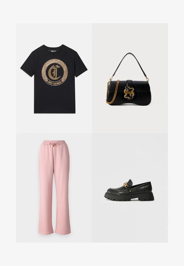 Camiseta negra con un diseño gráfico circular dorado que presenta una "C" estilizada y el texto "JUST CAVALLI". Manga corta, cuello redondo, material de algodón.; Pantalones de chándal rosa hechos de un tejido suave, con una cintura elástica con cordón y un diseño de pierna acampanada.; Mocasines de cuero negro con una suela de goma gruesa y texturada. Presentan un acento de cadena dorada a través de la parte superior y un diseño de puntera redondeada.; Bolso de mano de piel negra con forma curva, acento de serpiente dorada y correa de cadena. Presenta un cierre de solapa con una placa de logo metálico.