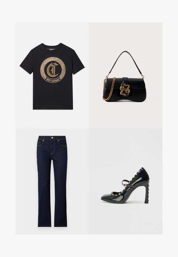 Svart t-skjorte med et sirkulært gullgrafisk design med stilisert "C" og "JUST CAVALLI" tekst. Korte ermer, rund hals, laget av bomull.; Mørkeblå denimjeans med rett ben-design, med en gullknapp og oransje søm. Inkluderer frontlommer og en klassisk midjebånd.; Sort patentlæder højhælede sko med spidse tæer, ankelrem og gyldne nagler langs kanterne.; Svart lærhåndveske med buet form, gullslangeaccent og kjede-rem. Har klafflås og en metallisk logo-plade.