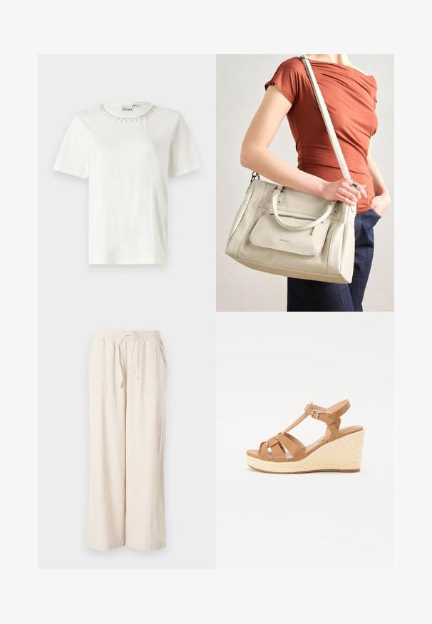Weißes Baumwoll-T-Shirt mit kurzen Ärmeln, einem Rundhalsausschnitt, der mit Perlendetails am Kragen verziert ist. Einfaches, unauffälliges Körperdesign.; Beige Leinen-Hose mit weitem Bein, elastischem Taillenbund und frontalen Taschen. Glatte Textur, leichtes Material, knöchellanges Design.; Braune Keil-Sandalen mit einem Kreuzriemen-Design, verstellbarem Knöchelriemen und einer strukturierten, gewebten Espadrille-ähnlichen Keilsohle.; Weiße Lederhandtasche mit zwei Griffen und einem abnehmbaren Schulterriemen, ausgestattet mit einer vorderen Reißverschlusstasche und glatter Textur. Wird am Arm einer Person getragen.