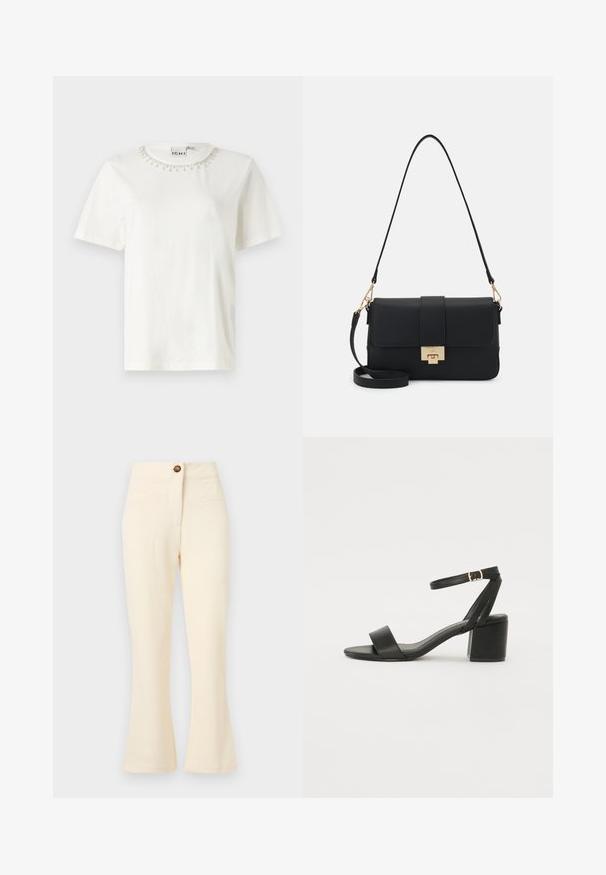 Bijela pamučna majica s kratkim rukavima, okrugli izrez ukrašen perlicama oko ovratnika. Jednostavan, neukrašen dizajn tijela.; Pantalone kremaste boje, proširenog kroja s teksturiranom tkaninom, prednjim džepovima i jednim smešnim dugmetom na pojasu.; Crne sandale na visoku petu s glatkim kožnim gornjim dijelom, otvorenom kapicom, širokim prednjim trakama i podesivim remenom oko gležnja s detaljem zlatne kopče.; Crna torba od umjetne kože s oblikom pravokutnika, zlatnim metalnim detaljima, magnetskim kopčanjem i odvojivim remenom. Pojedinačne teksture na površini.