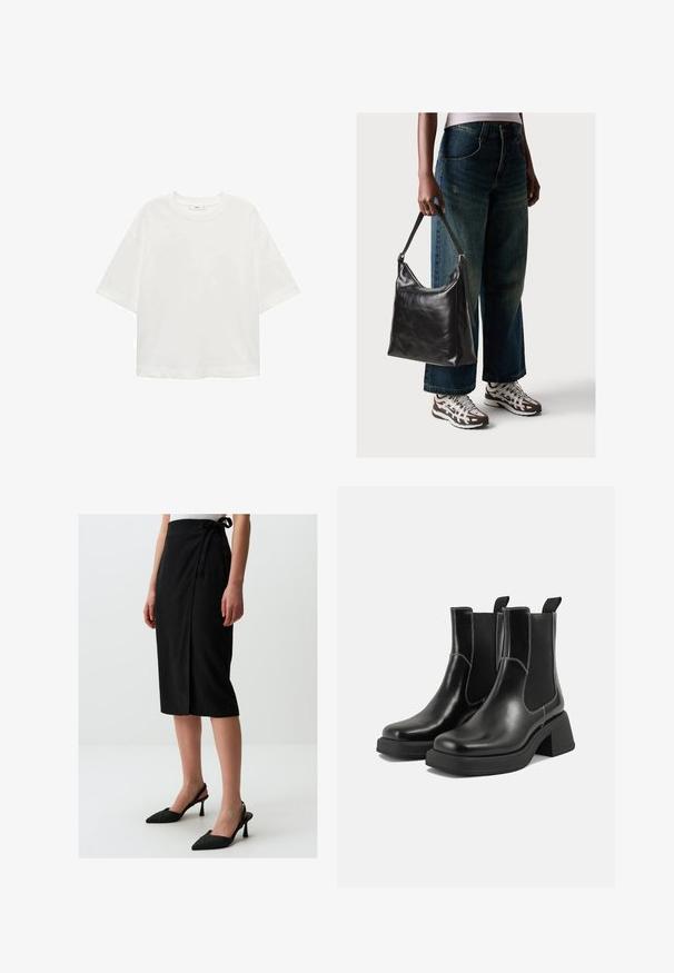 Witte korte mouwen t-shirt met een ronde hals, relaxed fit, gemaakt van zachte stof. Geen patronen of accenten, met een standaard zoom.; Zwarte knie-lange rok met een wikkelontwerp, gemaakt van gestructureerde stof, met een zijstrik. Gepaard met zwarte puntige hakken.; Zwarte leren Chelsea-boots met een chunky hak, elastische zijpanelen en contrasterende witte stiksels. Gestructureerde afwerking.; Zwarte leren schoudertas met een gladde textuur en een verstelbare strap, gecombineerd met vervaagde wijde jeans en sportieve sneakers.