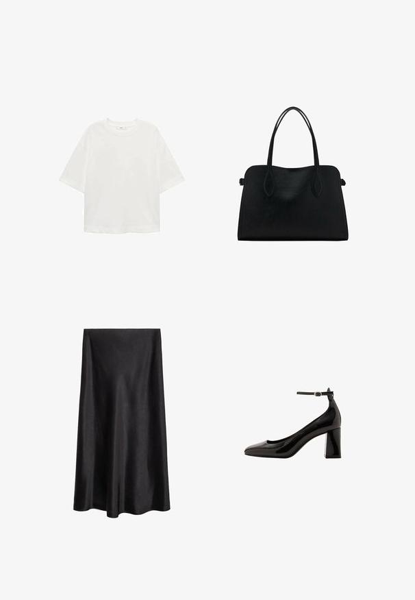 Weißes T-Shirt mit kurzen Ärmeln, Rundhals, lässiger Schnitt aus weichem Material. Keine Muster oder Akzente, mit einem Standard-Saum.; Mango A-Linien-Rock - black; Schwarze Lackleder-Pumps mit Knöchelriemen und glänzender Oberfläche, spitzer Zehenform und dickem Blockabsatz. Sanfte Textur, minimalistische Details.; Schwarze Lederhandtasche mit zwei Schulterriemen, rechteckiger Form und minimalistischem Design auf weißem Hintergrund.