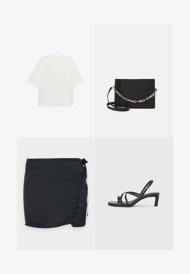 Biela krátkorpávová tričko s okrúhlym výstrihom, vo voľnom strihu, vyrobené z mäkkého materiálu. Bez vzorov a akcentov, so štandardným lemom.; Čierna plavecká sukňa s viazaním, vyrobená z ľahkej látky. Obsahuje bočné zapínanie a hladkú textúru.; Čierne sandále na vysokom podpätku so štvorcovou špičkou a nízkym blokovým podpätkom. Obsahujú viacero tenkých popruhov a nastaviteľný členkový popruh. Vyrobené z hladkej kože.; Čierna kožená crossbody taška s hladkou textúrou, obdĺžnikovým tvarom a kovovým reťazovým detailom na prednej strane. Súčasťou je nastaviteľný popruh.