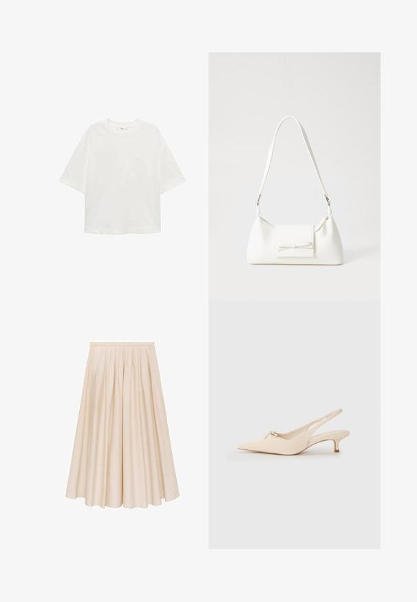 Witte korte mouwen t-shirt met een ronde hals, relaxed fit, gemaakt van zachte stof. Geen patronen of accenten, met een standaard zoom.; Mango Maxirok - beige; Puntige slingback schoenen van off-white leer, met een klein strikdetail en een lage kittenhak. Gladde textuur, minimalistisch ontwerp.; Witte synthetische handtas met een driehoekige vorm, platte voorklep en strikdetail, verstelbare schouderriem, gladde textuur en minimalistisch ontwerp.