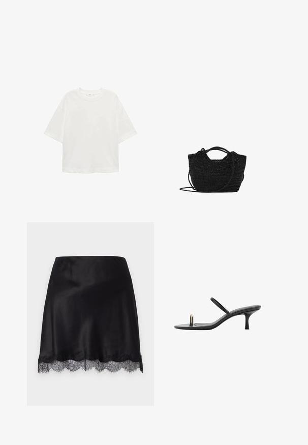 Witte korte mouwen t-shirt met een ronde hals, relaxed fit, gemaakt van zachte stof. Geen patronen of accenten, met een standaard zoom.; FROM FUTURE SAMMY - Kokerrok - noir; Zwarte hoge sandaal met een slank ontwerp, voorzien van dunne banden en een unieke frontaccent. Glad textuur met een spitse neus en een hak van 7,5 cm.; Zwarte geweven tote bag met dubbele handvatten en een afneembare schouderriem. Heeft een open bovenkant en een gestructureerd, lichtgewicht materiaal.