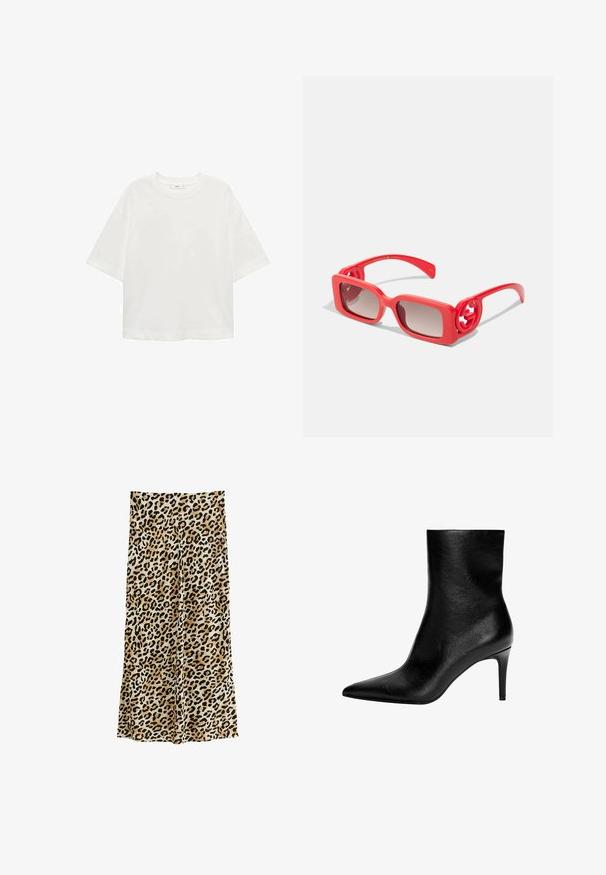 T-shirt bianco a maniche corte con scollo rotondo, vestibilità comoda, realizzato in un tessuto morbido. Senza fantasie o dettagli, con orlo standard.; Pantaloni a gamba larga con stampa leopardata in un tessuto morbido, caratterizzati da una serie di macchie nere su uno sfondo beige per un design audace.; Stivale alla caviglia in pelle nera con punta affusolata e sottile tacco a stiletto di media altezza, texture liscia e senza chiusure visibili.; Occhiali da sole in plastica rossa con montatura quadrata, lenti sfumate e accenti del logo circolare sulle tempie. Superficie liscia con finitura lucida.; Borsa a mano in pelle nera con una texture liscia, forma arrotondata, dettagli in hardware dorato e doppi manici. Presenta un lucchetto decorativo sul lato.