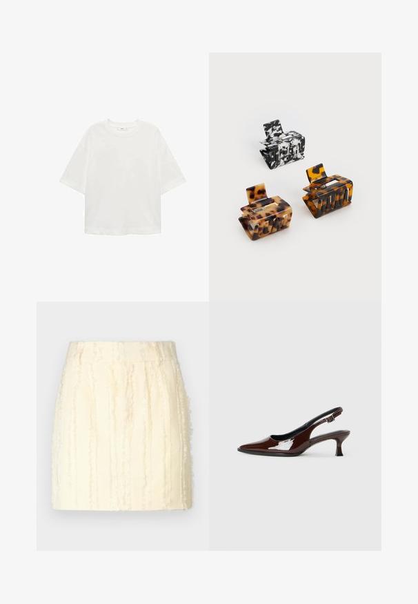 Witte korte mouwen t-shirt met een ronde hals, relaxed fit, gemaakt van zachte stof. Geen patronen of accenten, met een standaard zoom.; Crème-kleurige rok met verticale textuurstrepen, met een rafelige afwerking en een op maat gemaakte tailleband. De stof lijkt zacht en lichtgewicht te zijn.; Bruine gepatineerde leren slingback-schoen met een spitse neus en een gematigd hakje. Voorzien van een gespsluiting voor een veilige pasvorm. Glad van textuur.; Drie haarspelden: één gemarmerd in zwart en wit, twee tortoise-shell in bruine en zwarte tinten, allemaal gemaakt van glanzend plastic met een gewelfde afwerking.