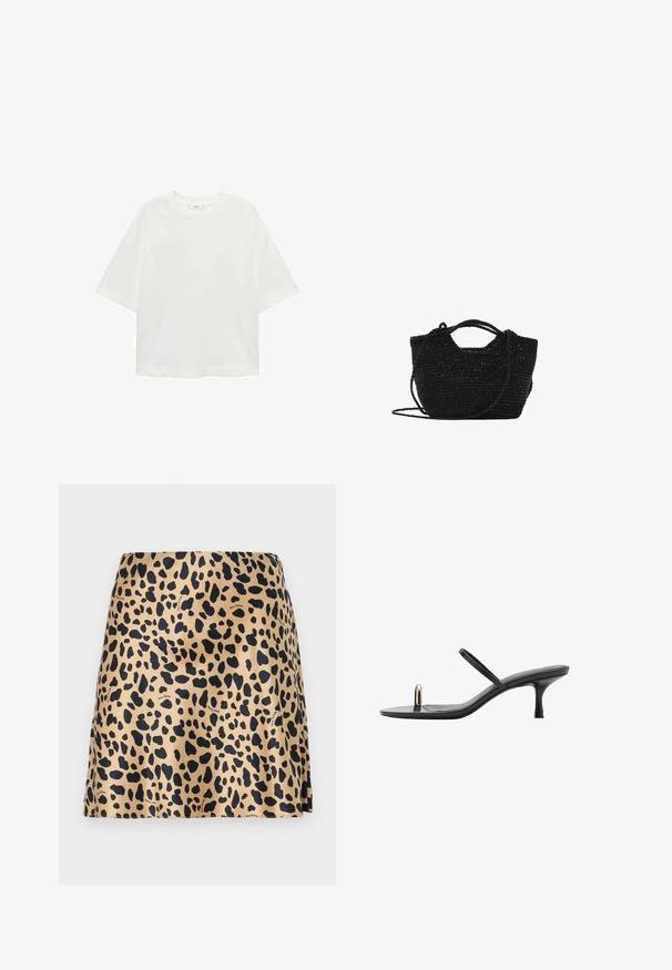 Biela krátkorpávová tričko s okrúhlym výstrihom, vo voľnom strihu, vyrobené z mäkkého materiálu. Bez vzorov a akcentov, so štandardným lemom.; Mini sukňa v leopardom vzore vyrobená z hladkej látky; má béžové pozadie s čiernymi škvrnami; jednoduchý strih a bez viditeľných komponentov.; Čierna sandála na vysokom opätku s elegantným dizajnom, so štíhlymi pásikmi a unikátnym predným akcentom. Hladký povrch s špicatou špičkou a trojpalcovým opätkom.; Čierna tkaná tote taška s dvojitými rukoväťami a odnímateľným ramenným popruhom. Má otvorený vrch a textúrovaný, ľahký materiál.