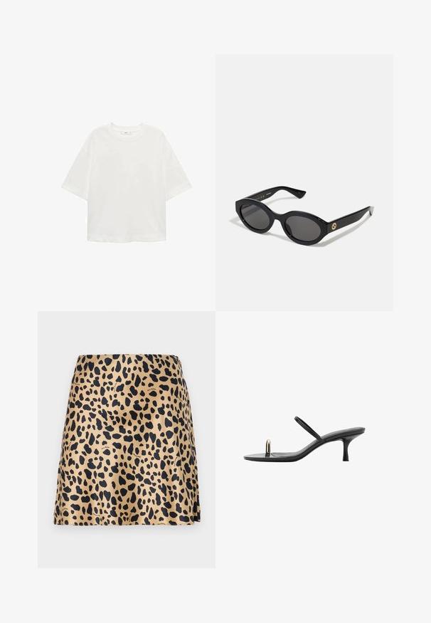 Bela kratka majica s kratkimi rokavi in okroglim izrezom, sproščenega kroja, narejena iz mehkega materiala. Brez vzorcev ali dodatkov, z običajnim robom.; Mini krilo v leopardjem vzorcu, narejeno iz gladkega blaga; ima bež ozadje z črnimi pikami; preprost kroj brez vidne kovinske opreme.; Črne sandale na peto s sleek dizajnom, ki imajo tanke trakove in edinstven sprednji poudarek. Gladka tekstura z koničastim prstom in 7,5 cm peto.; Črne ovalne sončna očala s temnimi lečami in sijočim plastičnim okvirjem. Imajo zlat logo na robu, kar ponuja eleganten in sodoben oblikovalski pristop.; Črna tkanina torba z dvema ročajema in odstranljivim naramnikom. Ima odprt vrh in teksturiran, lahek material.