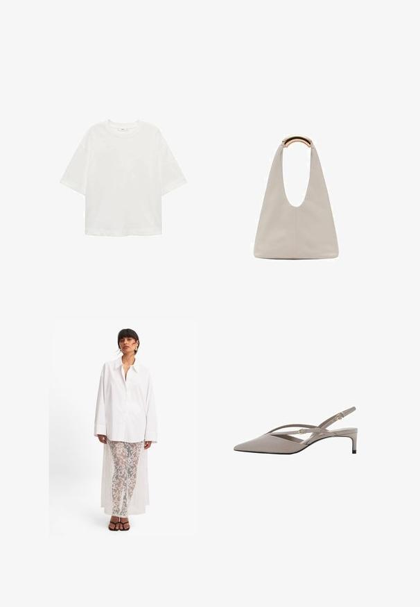 White short-sleeve t-shirt with a round neck, relaxed fit, made of soft fabric. No patterns or accents, featuring a standard hemline.; White button-up shirt with long sleeves, paired with sheer white lace trousers featuring a floral pattern and a long back drape. Black sandals.; Beige slingback heels with a pointed toe, thin crossed straps, and a short stiletto heel. Smooth fabric with gold-tone hardware accents.; Light gray leather bag with a U-shaped design and a curved metallic handle. Smooth texture with minimal stitching and no visible patterns.