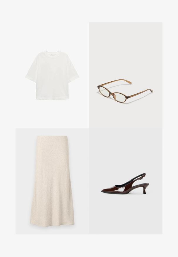 Tricou alb cu mânecă scurtă, guler rotund, croială lejeră, fabricat dintr-un material moale. Fără modele sau accente, având o linie de tiv standard.; Fustă bej țesută, cu un design evazat, textură netedă și un model discret în zigzag. De lungime medie, fără închideri sau ornamente vizibile.; Pantofii slingback din piele patent maro, cu vârful ascuțit și un toc moderat. Prezintă o curea cu prindere pentru o potrivire sigură. Textură netedă.; Ochelari în nuanță de țestoasă maro, cu lentile ovale, brațe subțiri și accente transparente. Prezintă un logo subtil pe tâmplă. Design elegant și ușor.; Geantă din piele maro, tip crossbody, cu o formă curbată, accesorii aurii și un accent cu cataramă. Dispune de un curea de umăr detașabilă.