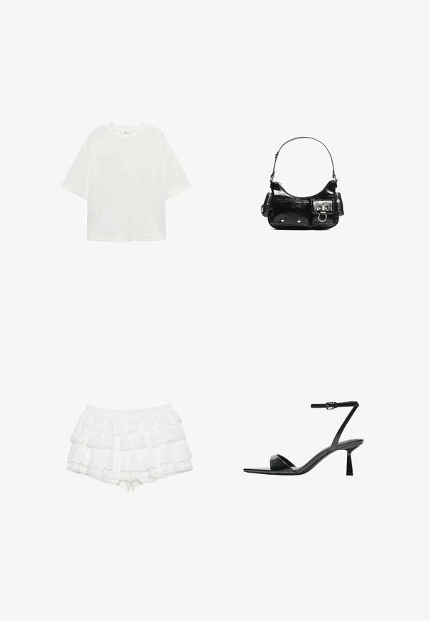 Bílé tričko s krátkým rukávem a kulatým výstřihem, volný střih, vyrobené z měkkého materiálu. Bez vzorů nebo akcentů, s klasickým lemem.; Bílé šortky s třemi volánkovými stupni, vyrobené z lehkého materiálu s očkovými detaily. Elastický pas, vlnité okraje.; Bershka Sandály na vysokém podpatku - black; Černá lakovaná kožená kabelka s křivkovým tvarem, jedním ramenním popruhem, předními kapsami a stříbrnými kovovými detaily.