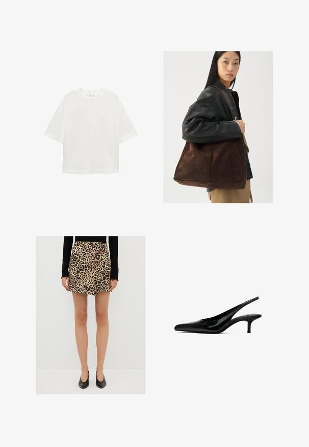 T-shirt bianco a maniche corte con scollo rotondo, vestibilità comoda, realizzato in un tessuto morbido. Senza fantasie o dettagli, con orlo standard.; Gonna mini con stampa leopardata realizzata in tessuto morbido, con vita alta e taglio dritto. Abbinata a tacchi neri a punta.; Scarpa slingback nera con punta appuntita, in pelle lucida e con un tacco sottile e basso. Presenta un taglio laterale per garantire traspirabilità.; Borsa tote in suede marrone con forma ampia e texture morbida, caratterizzata da una strap singola e hardware minimale su uno sfondo neutro.