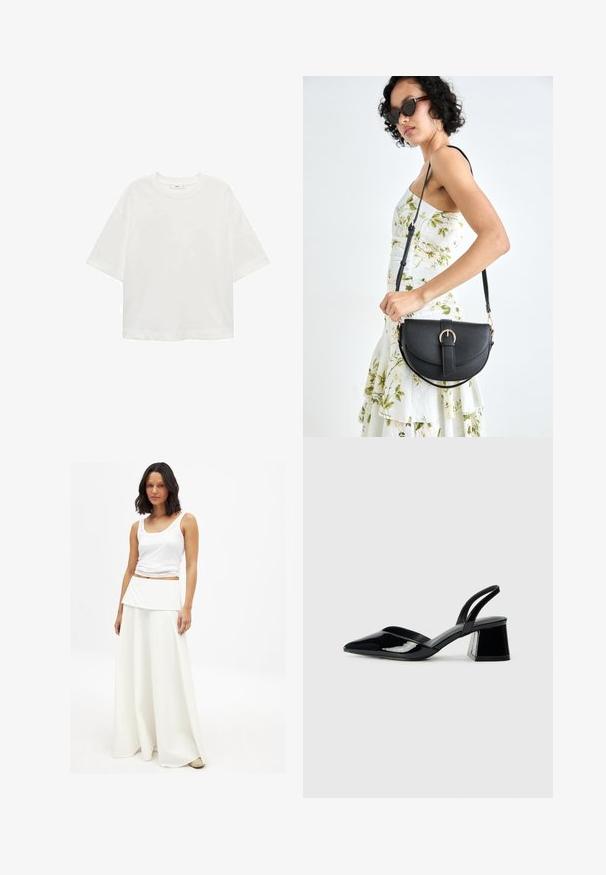 Witte korte mouwen t-shirt met een ronde hals, relaxed fit, gemaakt van zachte stof. Geen patronen of accenten, met een standaard zoom.; Witte tanktop gecombineerd met een vloeiende witte maxi rok. De rok heeft een gelaagde, gevouwen tailleband en een zachte, gladde textuur.; Zwarte gepatineerde leren slingback hakken met een spitse neus en een geometrische blokhak. Kenmerkt zich door een slank, minimalistisch ontwerp en een gladde textuur.; Zwarte leren handtas met een gebogen vorm, afneembare schouderband en gouden hardware. De tas heeft een klep met een gespsluiting.