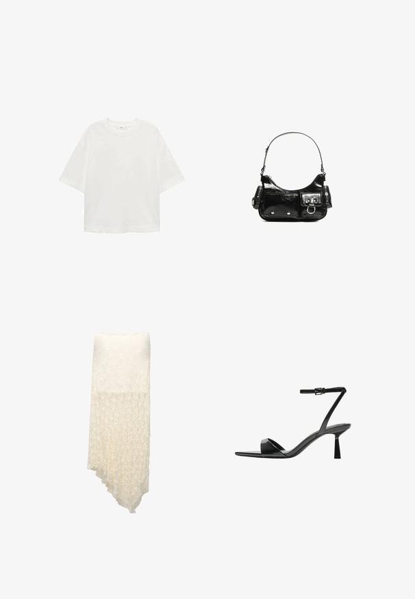 Witte korte mouwen t-shirt met een ronde hals, relaxed fit, gemaakt van zachte stof. Geen patronen of accenten, met een standaard zoom.; Witte, gestructureerde wikkelrok met een asymmetrische zoom, met een gerimpeld patroon dat geleidelijk overgaat van dicht naar semi-doorzichtig.; Bershka Sandalen met hoge hak - black; Zwarte laarzen in lakleer met een gebogen vorm, één schouderband, voorvakken en accenten in zilverkleurig metaal.