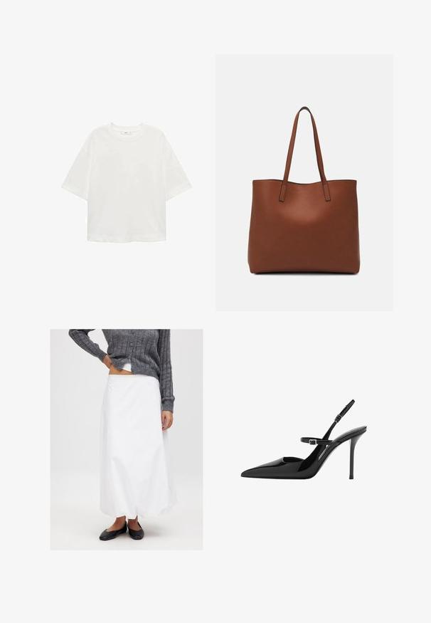 T-shirt bianco a maniche corte con scollo rotondo, vestibilità comoda, realizzato in un tessuto morbido. Senza fantasie o dettagli, con orlo standard.; Gonna bianca alla caviglia in tessuto liscio, abbinata a un cardigan grigio a coste e scarpe nere basse. Design minimalista, senza motivi visibili.; Slingback in vernice nera con tacco a stiletto, punta affusolata e cinturino regolabile. Superficie liscia con finitura lucida.; Borsa tote in pelle marrone con texture liscia, design con apertura superiore e due spallacci. Presenta cuciture minime e nessun hardware visibile.