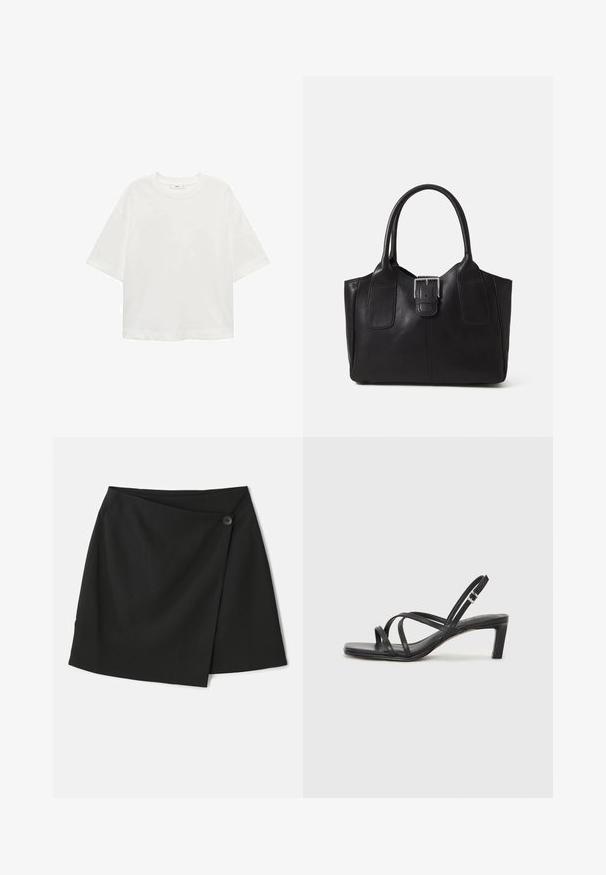 Bílé tričko s krátkým rukávem a kulatým výstřihem, volný střih, vyrobené z měkkého materiálu. Bez vzorů nebo akcentů, s klasickým lemem.; Černá zavinovací sukně s hladkou texturou látky, asymetrickým designem a bočním uzávěrem na knoflík pro zvýšení detailu.; Černé sandály na tenkém podpatku se čtveratou špičkou a nízkým blokovým podpatkem. Mají několik tenkých popruhů a nastavitelné zapínání okolo kotníku. Vyrobeny z hladké kůže.; Černá kožená tote taška s hladkým povrchem, strukturovaným tvarem, dvěma uchy a výrazným stříbrným detailem s přezkou na přední straně.