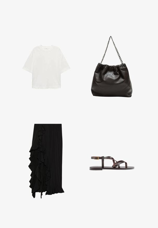 Biela krátkorpávová tričko s okrúhlym výstrihom, vo voľnom strihu, vyrobené z mäkkého materiálu. Bez vzorov a akcentov, so štandardným lemom.; Čierna sukňa vyrobená z jemnej látky s rázporokom pozdĺž ľavej strany a volánovým lemom na spodnej časti, ktorý vytvára plynulý siluetu.; Hnedé kožené sandály s krížovými popruhmi, uzatváraním na pracku okolo členku a plochou podrážkou s minimálnymi ševmi.; Hnedá kožená taška so zberaným vrchom a reťazovým popruhom. Hladký povrch s lesklým finišom a jemným švom po stranách.