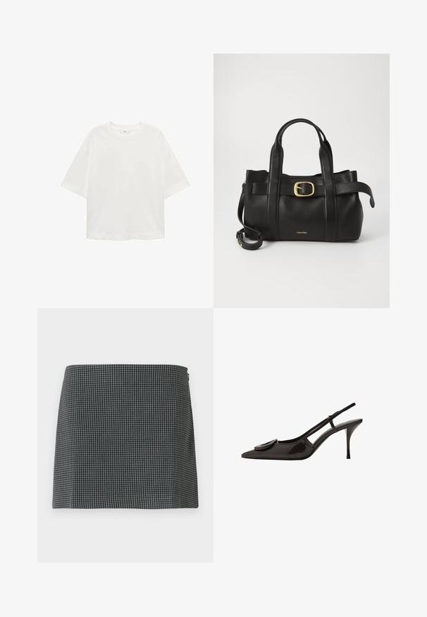 Bijela majica kratkih rukava s okruglim izrezom, ležernog kroja, izrađena od mekanog materijala. Bez uzoraka ili dodataka, s klasičnom rubnom završetkom.; Suknja s crno-bijelim kariranim uzorkom, izrađena od tkanine glatke teksture. Ima pravilan siluetu i zatvaranje sa strane na patentni zatvarač.; Crne lakirane slingback cipele s oštrim vrhom, minimalističkim dizajnom, malim okruglim akcentom na prednjem dijelu i uskim potpeticama.; Crna kožna torba s strukturiranim dizajnom, dvostrukim gornjim ručkama, zlatnim kopčom kao naglaskom i utisnutim logotipom marke sprijeda.
