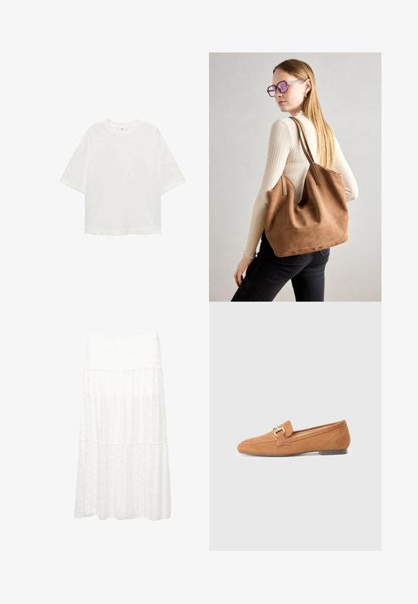 Tricou alb cu mânecă scurtă, guler rotund, croială lejeră, fabricat dintr-un material moale. Fără modele sau accente, având o linie de tiv standard.; Fustă albă în straturi, dintr-un material texturat, cu un brâu lat și un design fluid. Materialul prezintă modele subtile pe tot parcursul.; Loaferi din suede cămilă cu vârf rotund, un accent decorativ cu buclă și toc plat. Textură netedă și detalii de cusătură simple.; Geantă de umăr din suede maro, cu o textură moale, deschidere mare și curele lungi. Prezintă un design simplu, cu cusături vizibile și fără accesorii metalice.