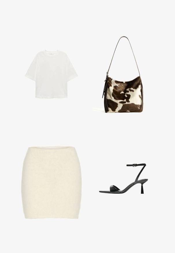 Bela kratka majica s kratkimi rokavi in okroglim izrezom, sproščenega kroja, narejena iz mehkega materiala. Brez vzorcev ali dodatkov, z običajnim robom.; Bela volnena mini krila, mehak in puhast tekstura, prilegajoča zasnova, visok pas, brez vidnih vzorcev ali dekoracij.; Bershka Sandali z visoko peto - black; Rjav in krem torba iz kravjega usnja s gladkim usnjenim trakom, z zadrgo in mehko, strukturo površino, ki prikazuje naravni vzorec.