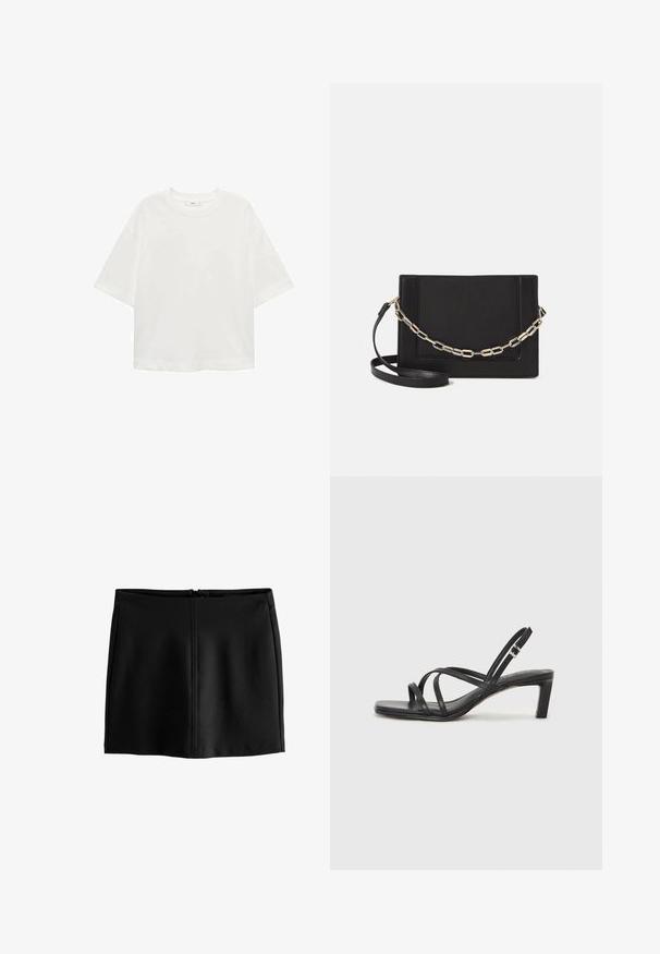 Tricou alb cu mânecă scurtă, guler rotund, croială lejeră, fabricat dintr-un material moale. Fără modele sau accente, având o linie de tiv standard.; Fustă neagră tip A, din material neted, cu fermoar la spate și detalii minime de cusut. Design simplu, fără modele sau embellishments.; Sandal cu barete negre, cu vârf pătrat și toc mic de bloc. Prezintă mai multe barete subțiri și o bareta ajustabilă la gleznă. Fabricat din piele netedă.; Geantă de umăr din piele neagră, cu o textură netedă, formă rectangulară și un detaliu din lanț metalic în față. Include curea reglabilă.