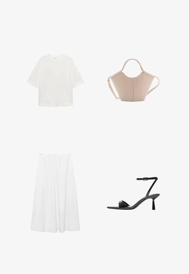 White short-sleeve t-shirt with a round neck, relaxed fit, made of soft fabric. No patterns or accents, featuring a standard hemline.; White midi skirt made of lightweight fabric, featuring an elastic waistband, smooth texture, and a slightly flared silhouette with a hemline.; Bershka High heeled sandals - black; Beige leather handbag with a unique shape, featuring two short handles and a long adjustable strap. Smooth texture with minimal hardware.