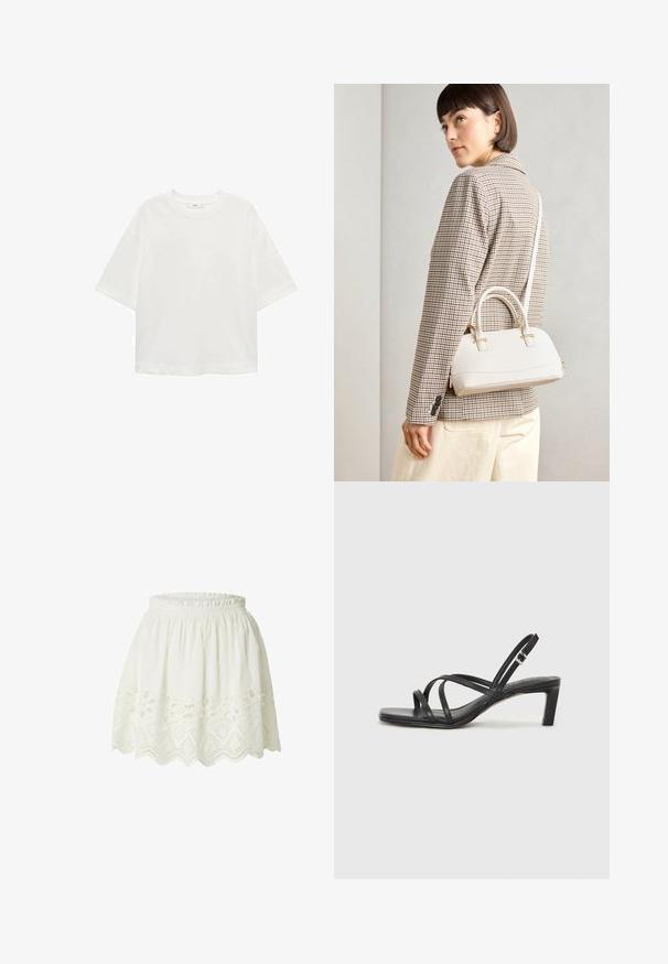 Weißes T-Shirt mit kurzen Ärmeln, Rundhals, lässiger Schnitt aus weichem Material. Keine Muster oder Akzente, mit einem Standard-Saum.; Weißer Baumwollrock mit einem gerafften Taillenbund, der kunstvolle bestickte Ausschnitte am Saum in einem gewellten Muster aufweist.; Schwarze Sandale mit Riemchen, quadratischer Zehenform und niedrigem Blockabsatz. Verfügt über mehrere dünne Riemen und einen verstellbaren Knöchelriemen. Hergestellt aus glattem Leder.; Weiße strukturierte Handtasche mit kurzen Griffen und einem Schultergurt, ausgestattet mit goldfarbenen Hardware-Elementen und strukturiertem Material, vor einem grauen Hintergrund präsentiert.