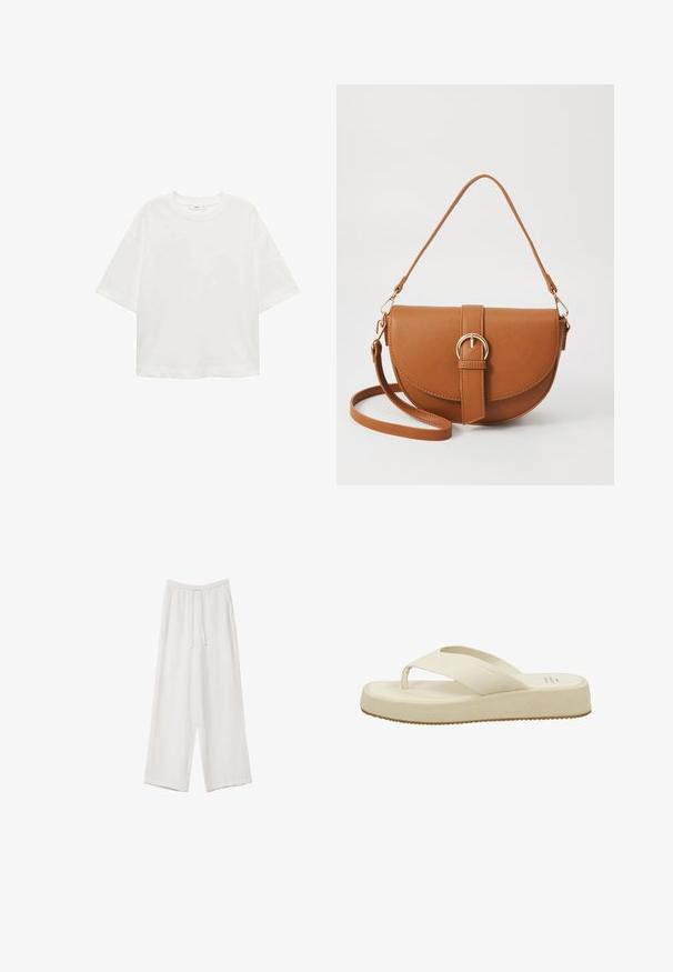 White short-sleeve t-shirt with a round neck, relaxed fit, made of soft fabric. No patterns or accents, featuring a standard hemline.; White wide-leg trousers made from a lightweight fabric. Features an elastic waistband with a drawstring and side pockets. Smooth texture.; GANT FLORRI - T-bar sandals - cream; Brown leather crossbody bag with a curved shape, gold hardware, and a buckle accent. Features a detachable shoulder strap.