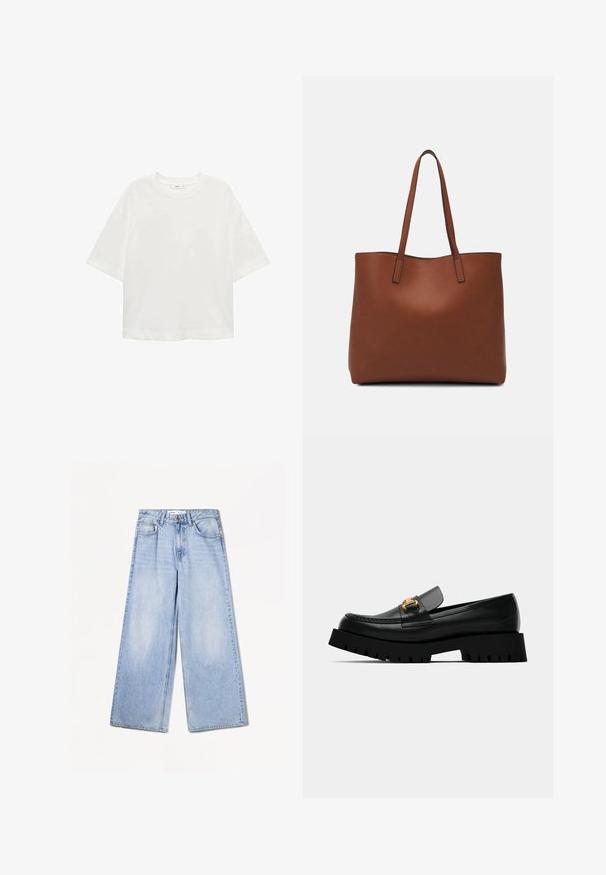 Tricou alb cu mânecă scurtă, guler rotund, croială lejeră, fabricat dintr-un material moale. Fără modele sau accente, având o linie de tiv standard.; Bershka WIDE-LEG - Wide leg - light-blue denim; Loafers din piele neagră cu talpă robustă neagră și detalii cu cataramă aurie în față. Prezintă cusături de-a lungul vârfului și un design elegant.; Geantă de umăr din piele maro cu o textură netedă, design cu vârf deschis și două curele pentru umăr. Prezintă cusături minime și fără componente metalice vizibile.