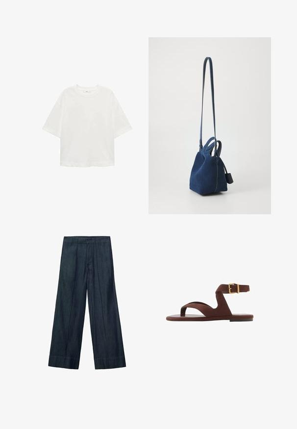 Tricou alb cu mânecă scurtă, guler rotund, croială lejeră, fabricat dintr-un material moale. Fără modele sau accente, având o linie de tiv standard.; Pantaloni largi din denim închis, având un talie înaltă, pliseuri frontale și o textură netedă. Baza este dreaptă, fără detalii suplimentare.; Sandal din suede maro, cu un design slip-on, curea la gleznă cu cataramă și talpă plată. Vârf deschis cu o textură fină.; Geantă din suede albastru închis, cu o formă structurată, mâner dublu pe partea de sus și o curea lungă, ajustabilă. Se remarcă prin cusături contrastante și un eticheta laterală.