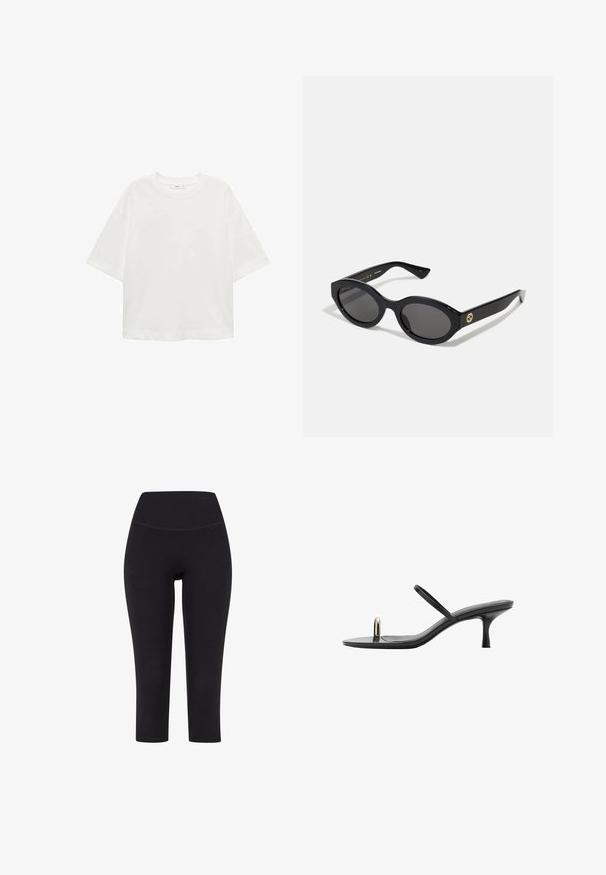 Tricou alb cu mânecă scurtă, guler rotund, croială lejeră, fabricat dintr-un material moale. Fără modele sau accente, având o linie de tiv standard.; Leggings negre de trei sferturi, fabricate dintr-un material elastic, având un talie înaltă și fără modele sau accesorii vizibile.; Sandal cu toc negru, cu un design elegant, având curele subțiri și un accent frontal unic. Textură netedă, cu vârf ascuțit și toc de 7,5 cm.; Ochelari de soare ovali negri cu lentile întunecate și ramă din plastic lucios. Prezintă un logo aurit pe bradă, oferind un design elegant și modern.; Geantă tote neagră, țesută, cu mânere duale și curea de umăr detașabilă. Are un vârf deschis și un material texturat, ușor.