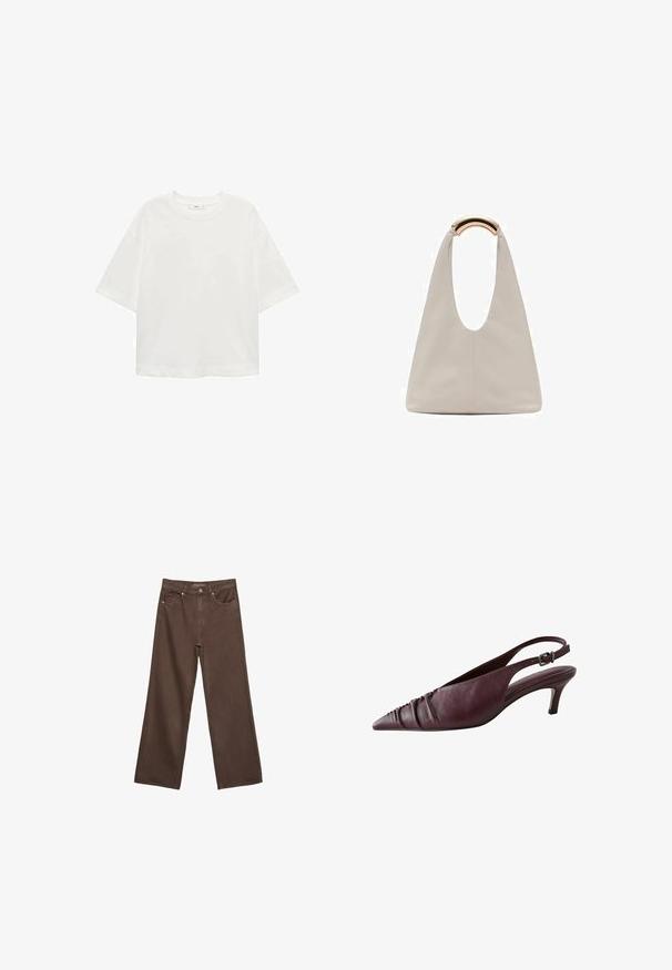 T-shirt bianco a maniche corte con scollo rotondo, vestibilità comoda, realizzato in un tessuto morbido. Senza fantasie o dettagli, con orlo standard.; Jeans a gamba larga marroni in denim, con vita alta, tasche anteriori e chiusura a bottone classica. Tessuto liscio con cuciture sottili.; Scarpe slingback in pelle bordeaux con punta affusolata, caratterizzate da una texture plissettata nella parte anteriore e un tacco sottile e strutturato. Cinturino regolabile.; Borsa in pelle grigio chiaro con design a forma di U e manico metallico curvo. Texture liscia con cuciture minime e senza motivi visibili.