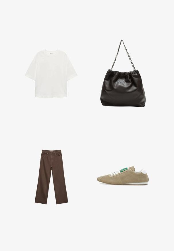 Bijela majica kratkih rukava s okruglim izrezom, ležernog kroja, izrađena od mekanog materijala. Bez uzoraka ili dodataka, s klasičnom rubnom završetkom.; Proširene smeđe traperice od denima, s visokim strukom, prednjim džepovima i klasičnom kopčom na dugme. Glatka tekstura s suptilnim šavovima.; Bež zampljive tenisice s bijelim detaljima, ravnim bijelim potplatom i zelenim vezicama. Imaju dvije dijagonalne bijele pruge sa strane.; Smeđa kožna torba s naboranim vrhom i lančićem za nošenje. Glatka tekstura s sjajnim završetkom i suptilnim šavnim detaljima sa strane.