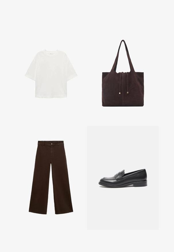 Tricou alb cu mânecă scurtă, guler rotund, croială lejeră, fabricat dintr-un material moale. Fără modele sau accente, având o linie de tiv standard.; Pantaloni largi maro dintr-un amestec de bumbac, cu un tiv desfăcut, închidere cu buton frontal și un design clasic cu cinci buzunare. Minimalist și versatil.; Mocasini negri din piele, cu o finisare netedă, vârf rotunjit și detalii de cusătură pe lateral. Dispune de un toc rectangular, mai jos.; Mango Geantă de pânză - dark brown