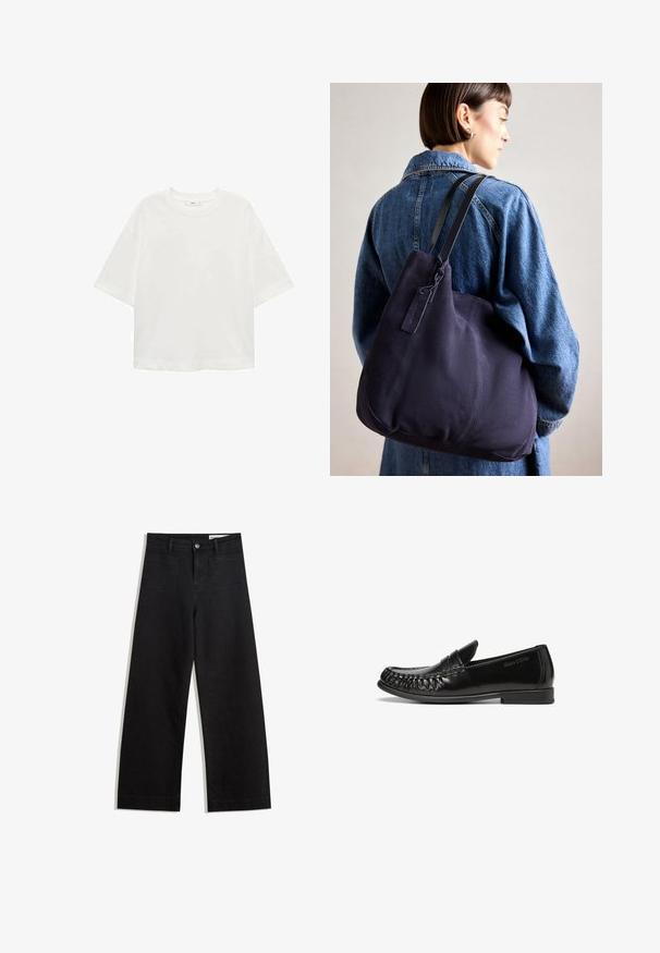 Tricou alb cu mânecă scurtă, guler rotund, croială lejeră, fabricat dintr-un material moale. Fără modele sau accente, având o linie de tiv standard.; Pantaloni din denim negri cu picioare largi, cu talie înaltă, având buzunare frontale și posterioare, cusături dublate și închidere cu nasture. Textură netedă.; Mocasiini din piele neagră cu o suprafață netedă și lucioasă, vârf rotunjit și cusături decorative de-a lungul marginilor. Talpă din cauciuc plat cu o uzură minimă.; Geantă de umăr din pânză navy cu o formă moale și structurată, având o curea neagră, detalii cusute și un eticheta mică a brandului.